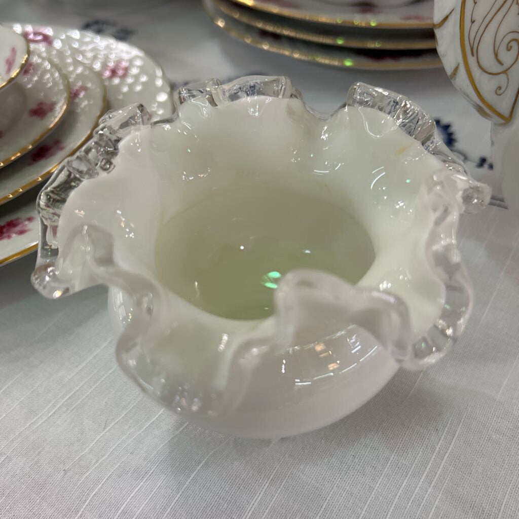 Fenton Silver Crest Milk Glass Rose Bowl Vase, Ruffle Edge.
