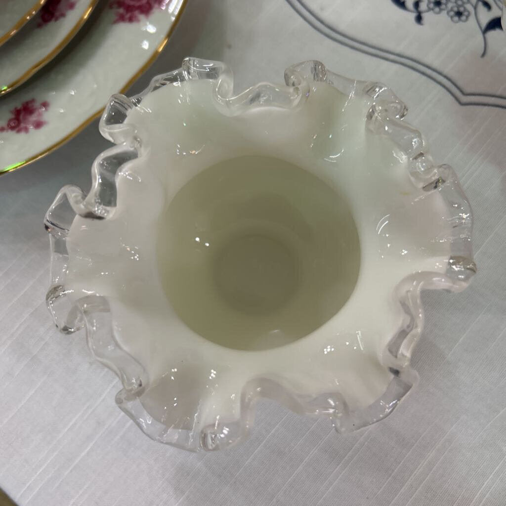 Fenton Silver Crest Milk Glass Rose Bowl Vase, Ruffle Edge.