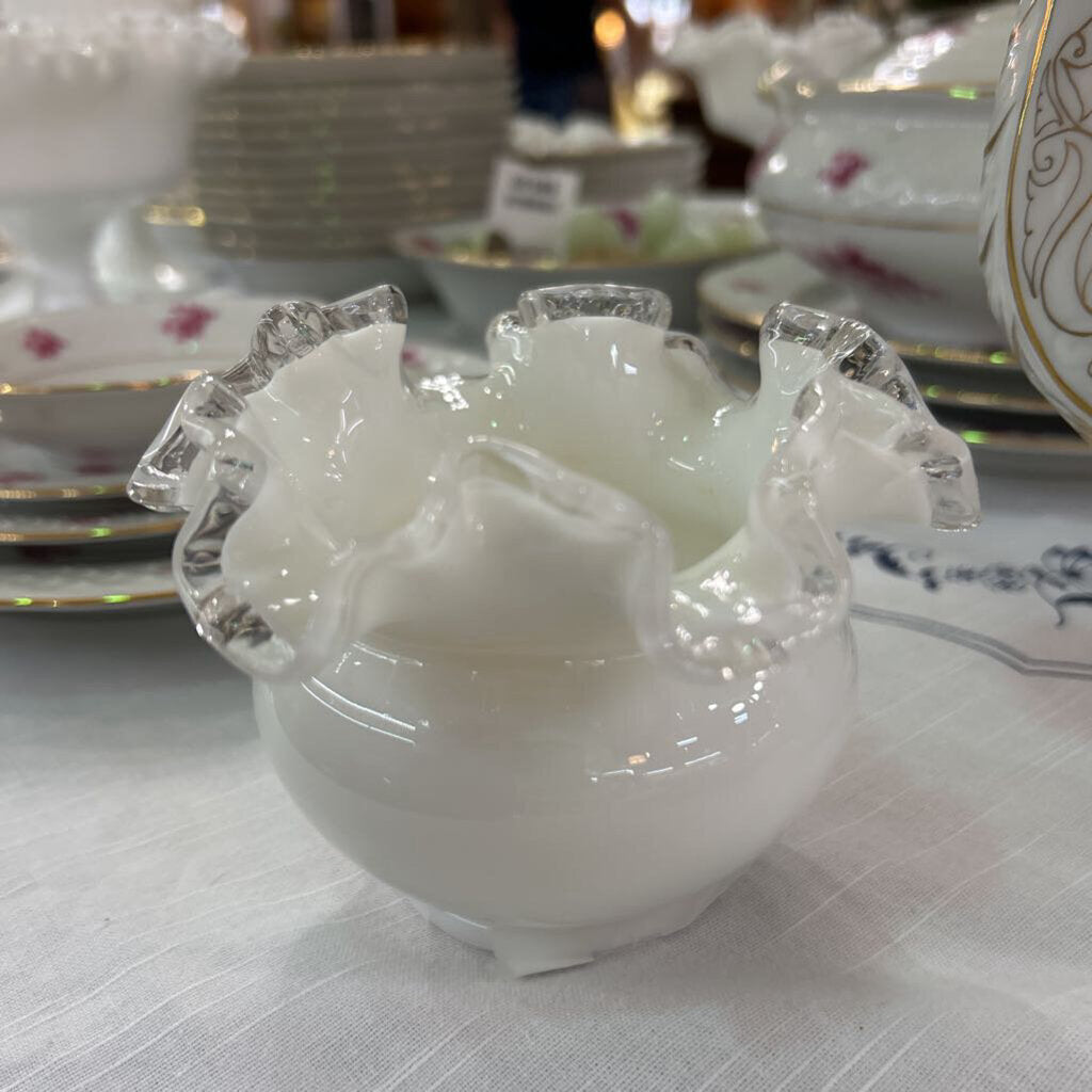 Fenton Silver Crest Milk Glass Rose Bowl Vase, Ruffle Edge.
