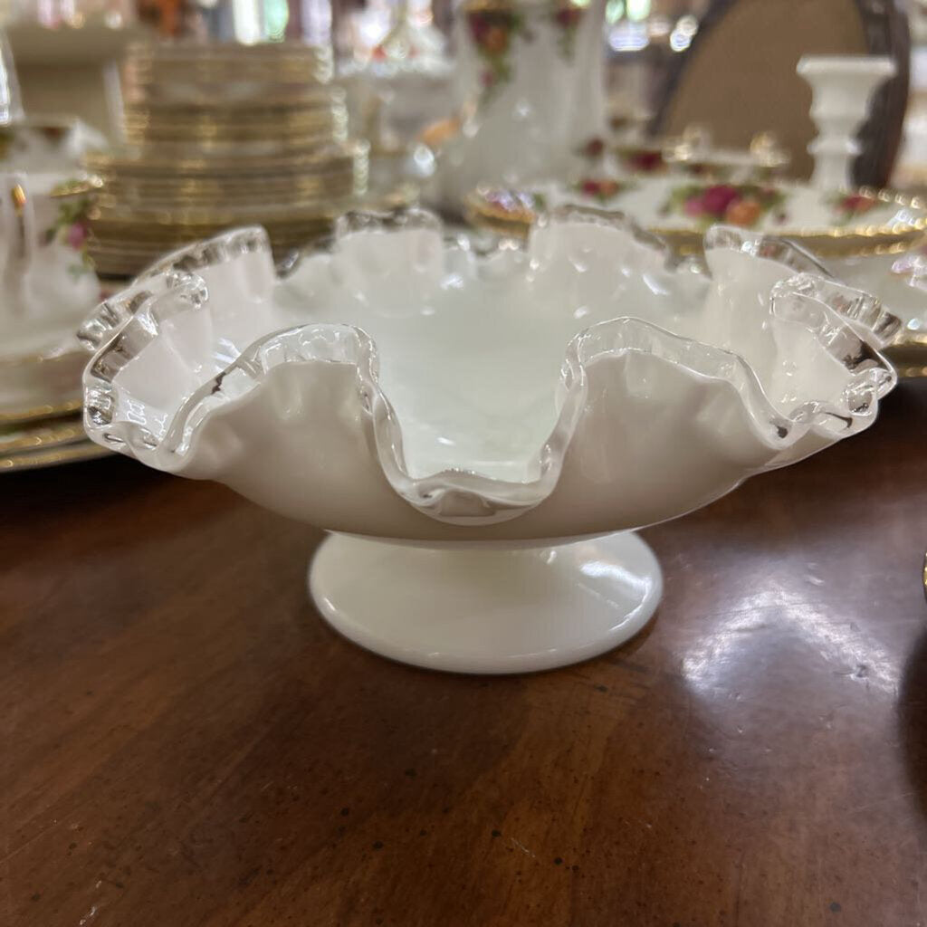 Fenton Silver Crest Ruffle Edge Compote Milk Glass Pedestal Bowl.