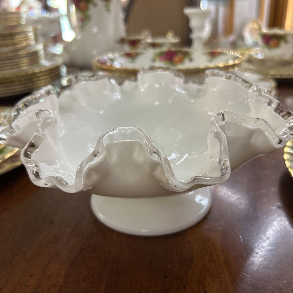 Fenton Silver Crest Ruffle Edge Compote Milk Glass Pedestal Bowl.