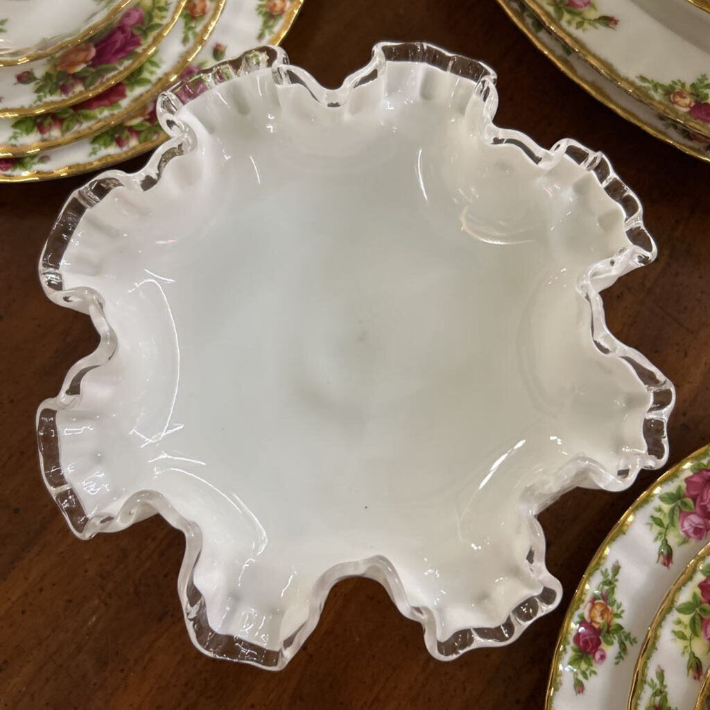 Fenton Silver Crest Ruffle Edge Compote Milk Glass Pedestal Bowl.
