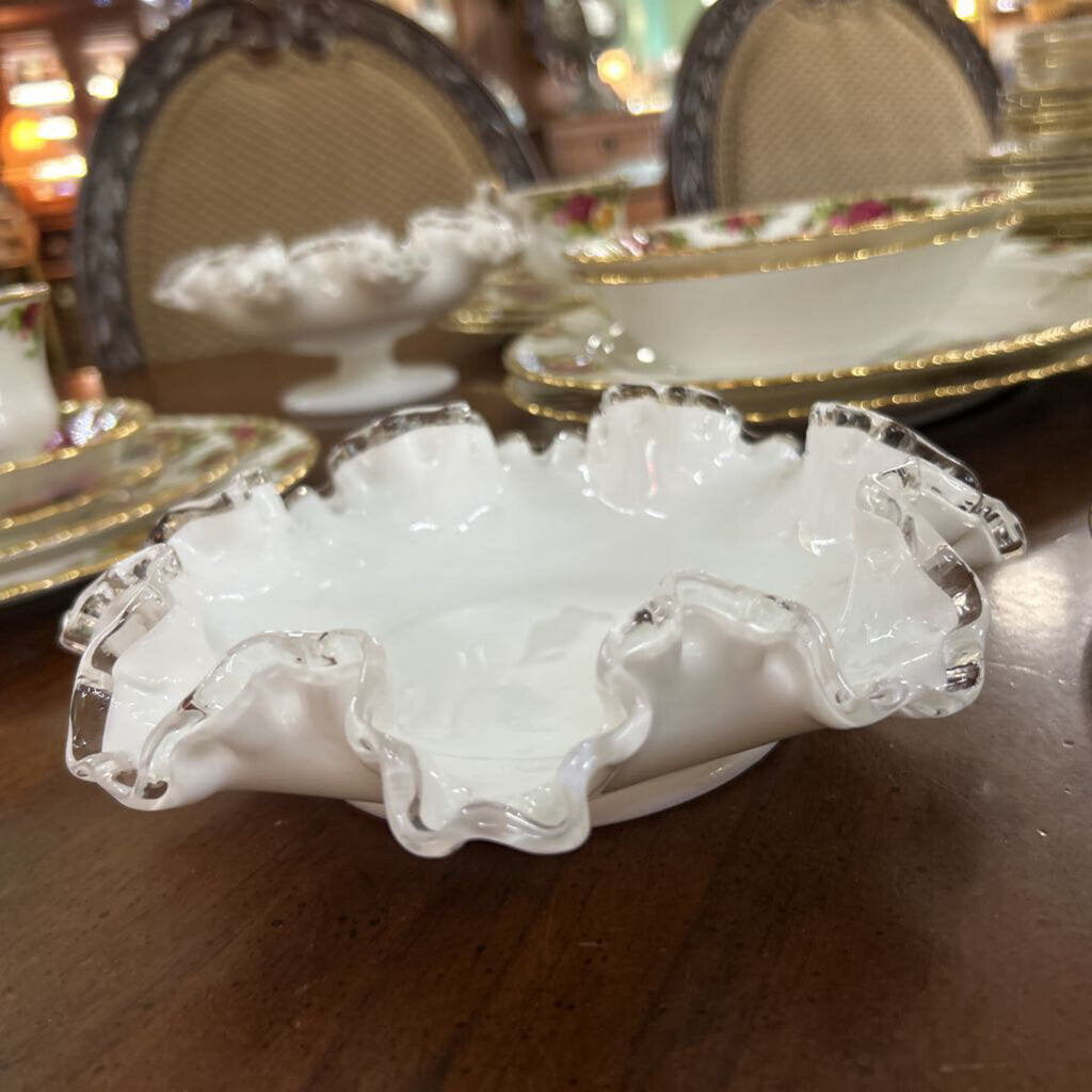 Fenton Siver Crest Milk Glass Ruffle Edge Small Bowl.