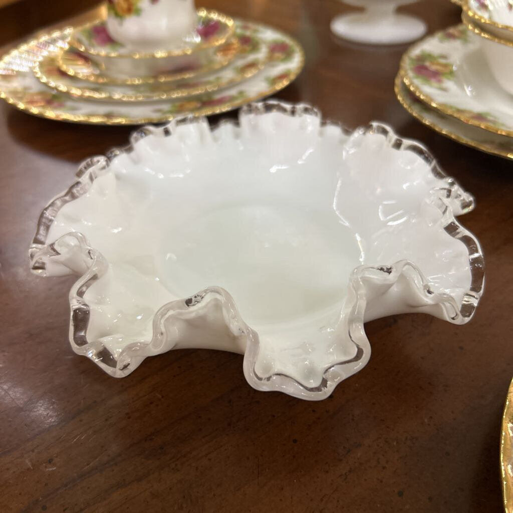 Fenton Siver Crest Milk Glass Ruffle Edge Small Bowl.