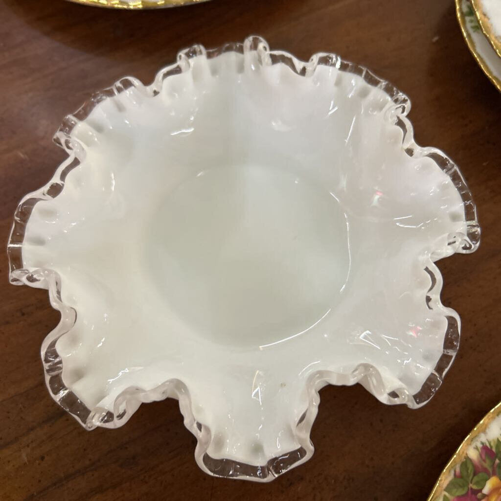 Fenton Siver Crest Milk Glass Ruffle Edge Small Bowl.