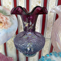 Signed Fenton Vase, Hand-Painted by Cathy Maclay. Mulberry Glass "Hummingbird & Wild Rose" Cranberry Purple to Blue Fade.
