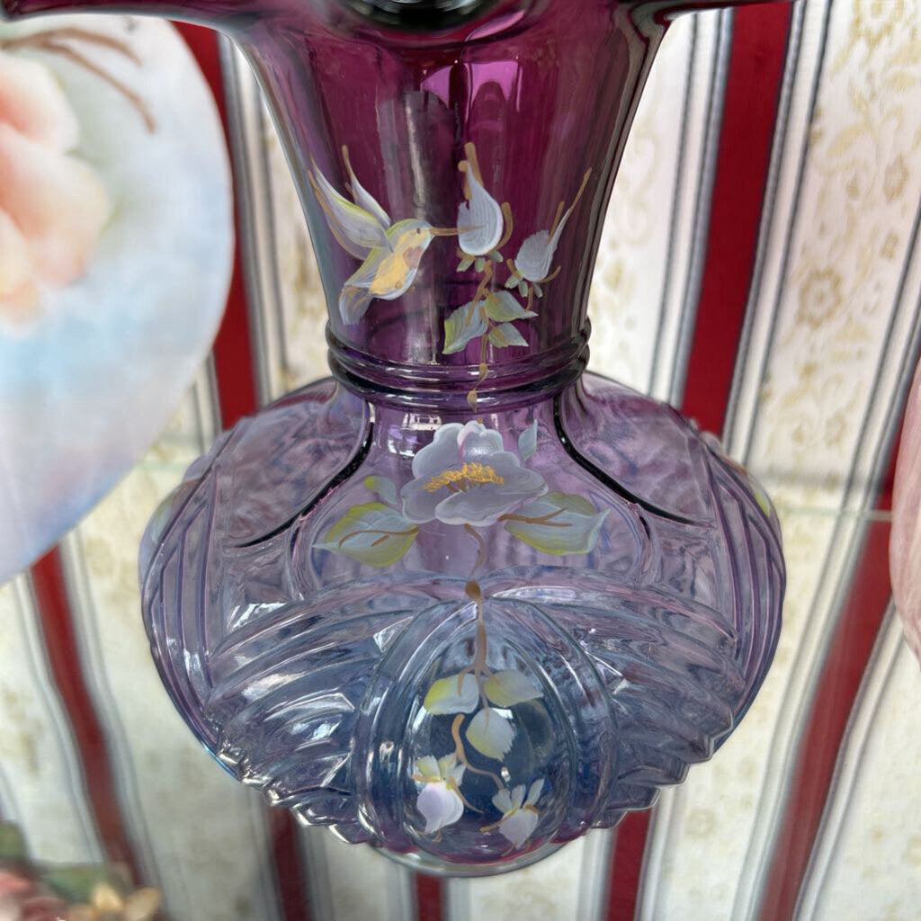 Signed Fenton Vase, Hand-Painted by Cathy Maclay. Mulberry Glass "Hummingbird & Wild Rose" Cranberry Purple to Blue Fade.