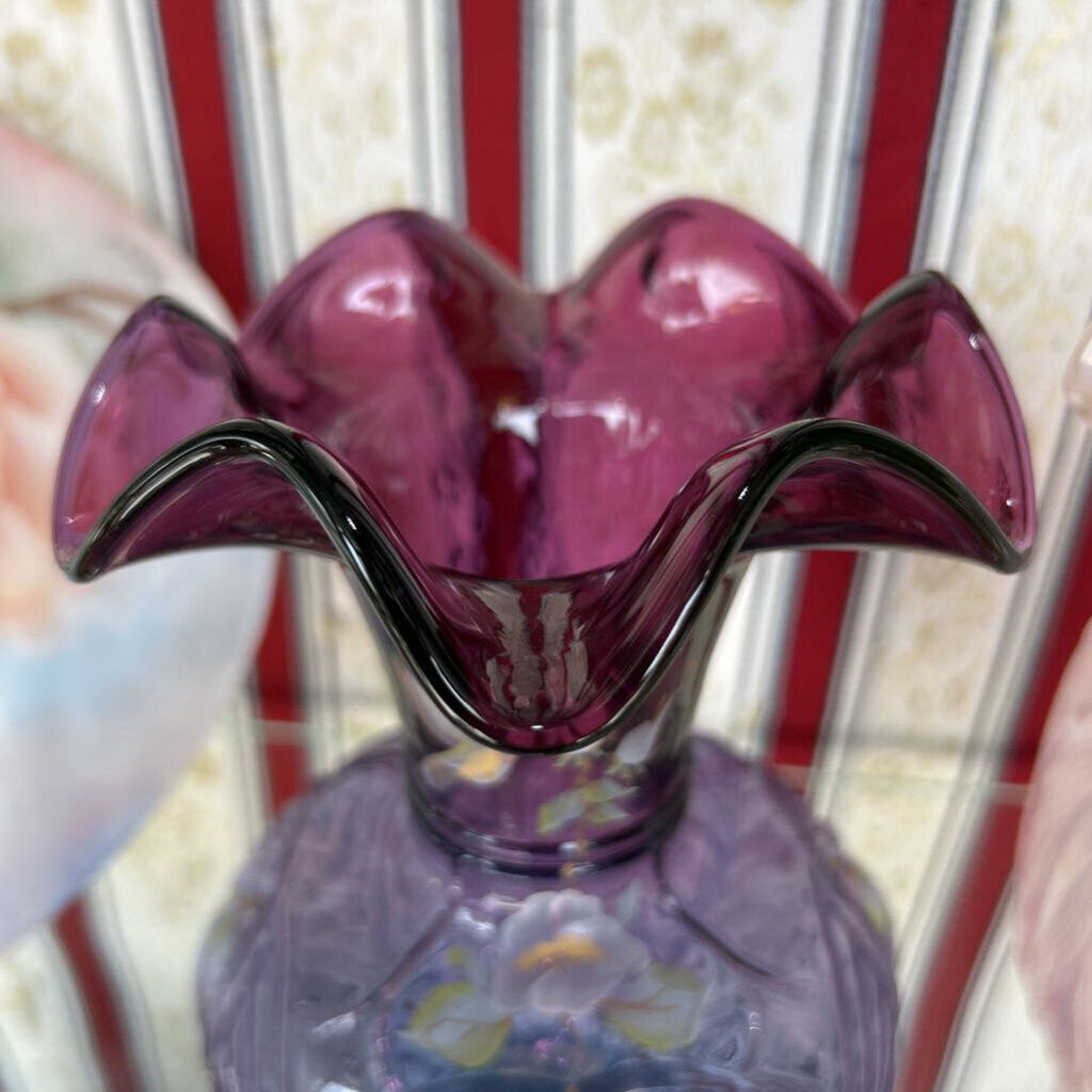 Signed Fenton Vase, Hand-Painted by Cathy Maclay. Mulberry Glass "Hummingbird & Wild Rose" Cranberry Purple to Blue Fade.
