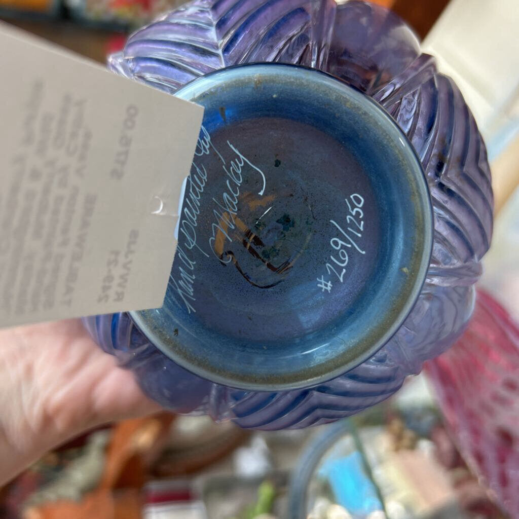 Signed Fenton Vase, Hand-Painted by Cathy Maclay. Mulberry Glass "Hummingbird & Wild Rose" Cranberry Purple to Blue Fade.