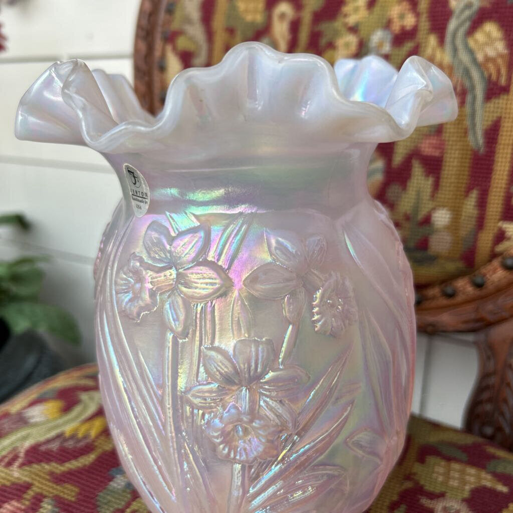 Fenton Glass Pink Opalescent Daffodil Vase 8 Inches.