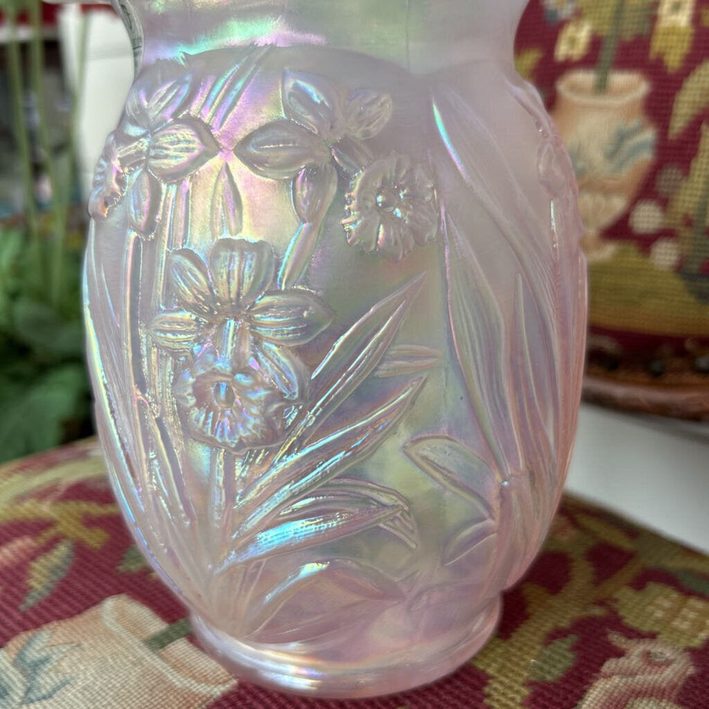 Fenton Glass Pink Opalescent Daffodil Vase 8 Inches.