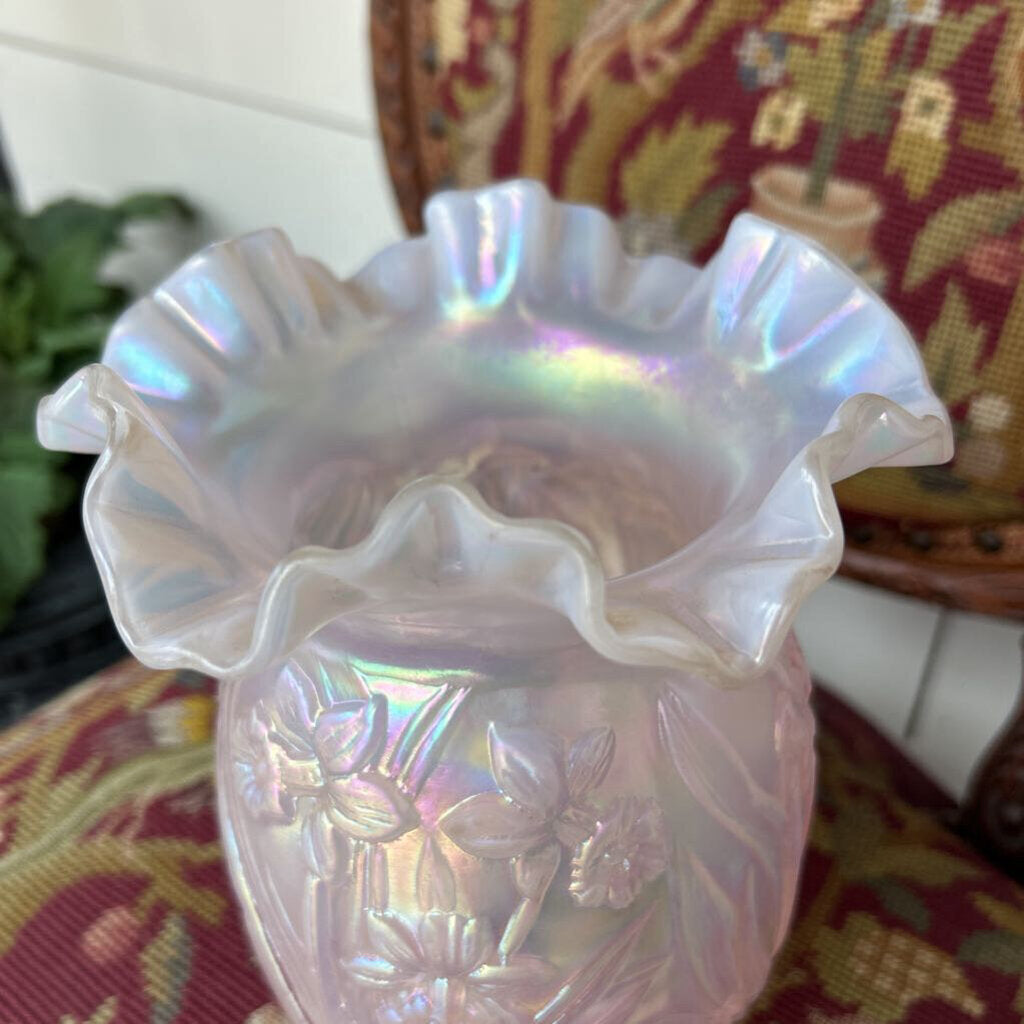 Fenton Glass Pink Opalescent Daffodil Vase 8 Inches.