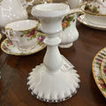 Fenton Candle Holder, White Milk Glass "Silver Crest" ruffle bottom 1940s