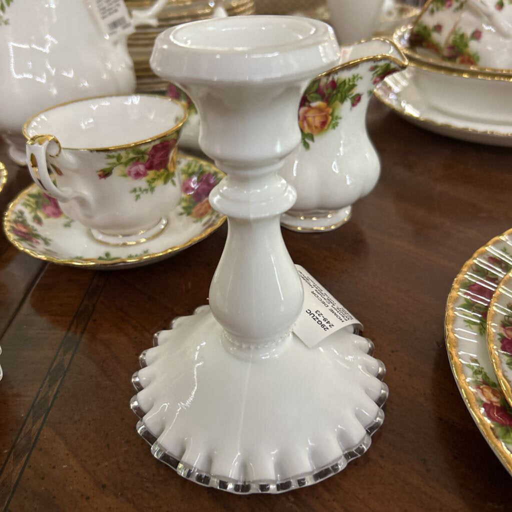 Fenton Candle Holder, White Milk Glass "Silver Crest" ruffle bottom 1940s