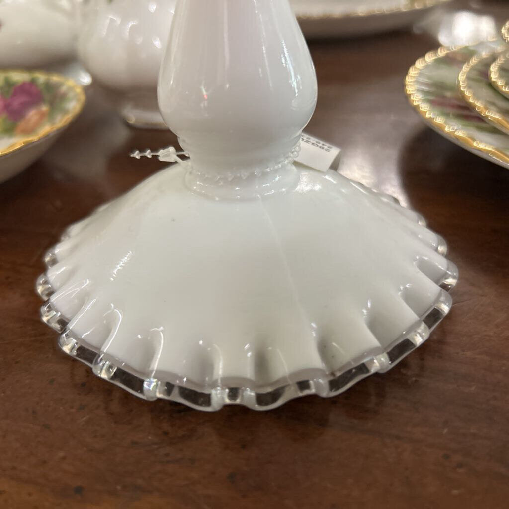 Fenton Candle Holder, White Milk Glass "Silver Crest" ruffle bottom 1940s