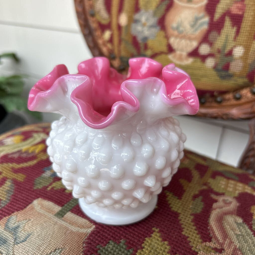 Fenton Hobnail Milk Glass Vase, Pink Peach Ruffle Edge.