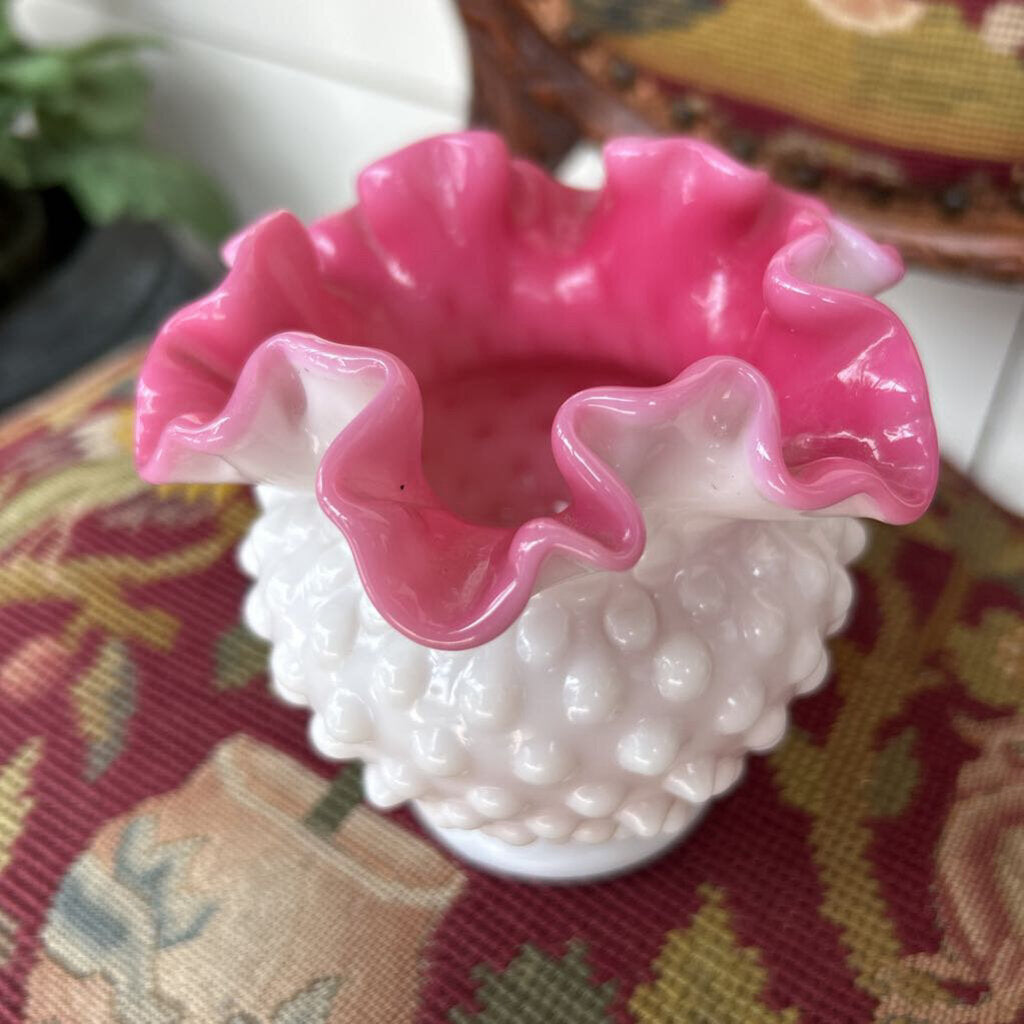 Fenton Hobnail Milk Glass Vase, Pink Peach Ruffle Edge.