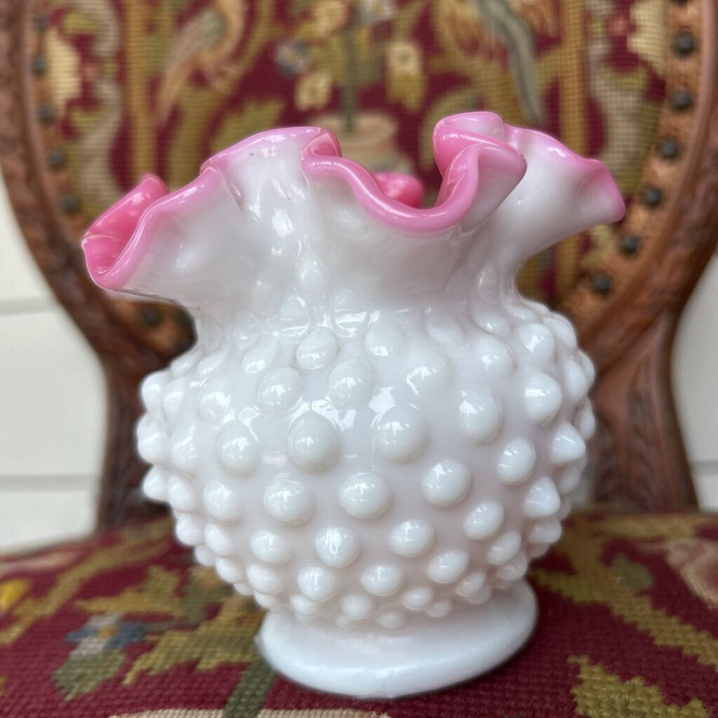 Fenton Hobnail Milk Glass Vase, Pink Peach Ruffle Edge.