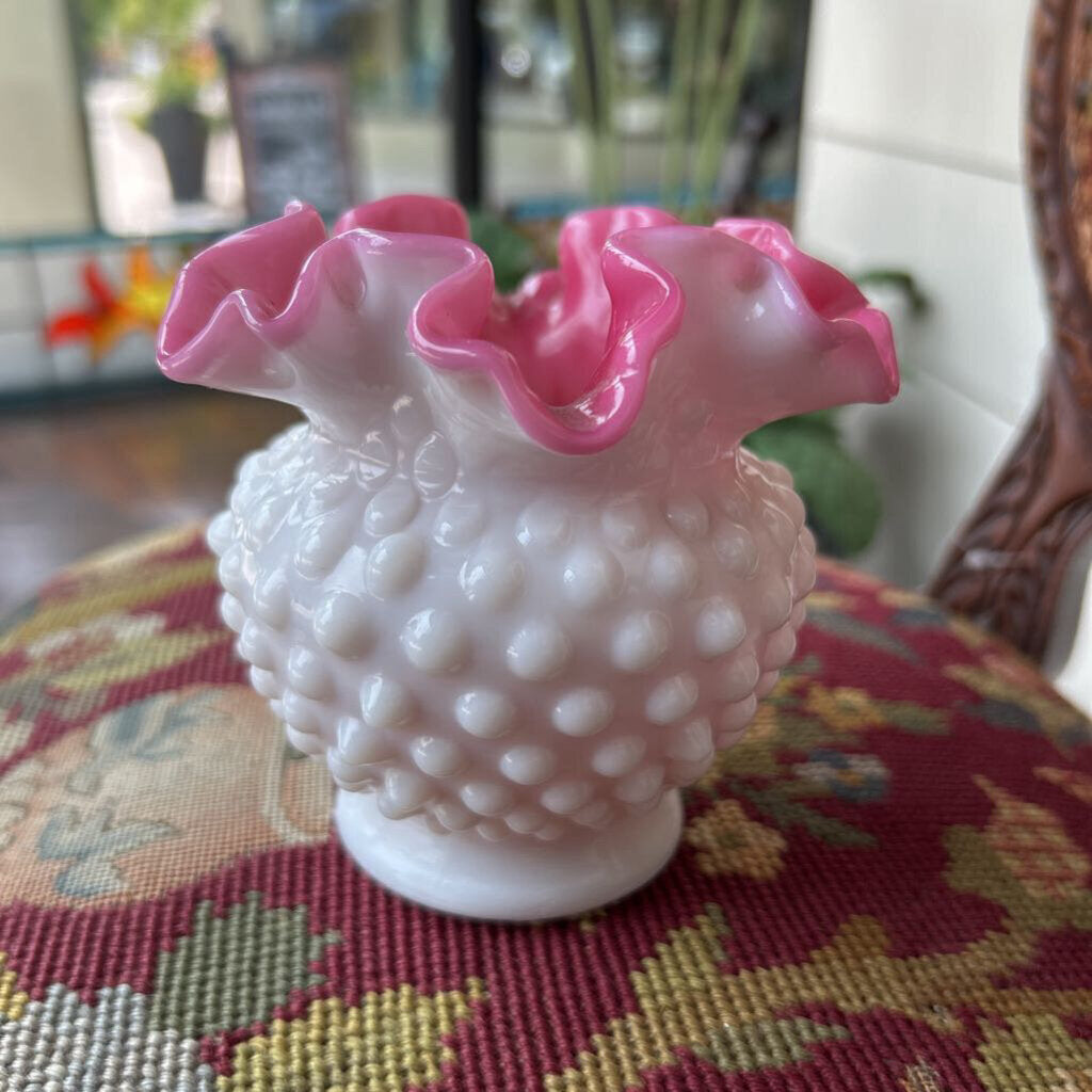 Fenton Hobnail Milk Glass Vase, Pink Peach Ruffle Edge.