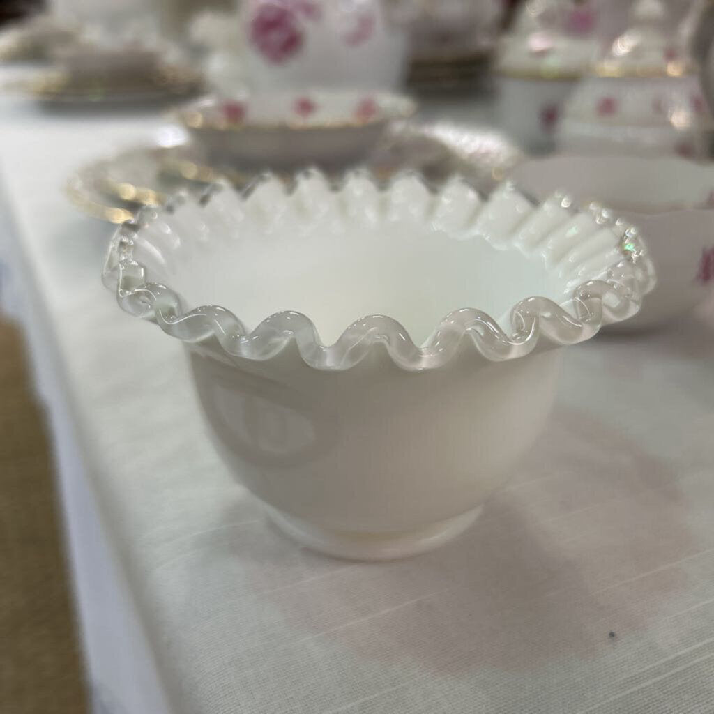 Fenton Silver Crest Milk Glass Bowl, Ruffle Edge, Dessert Bowl.