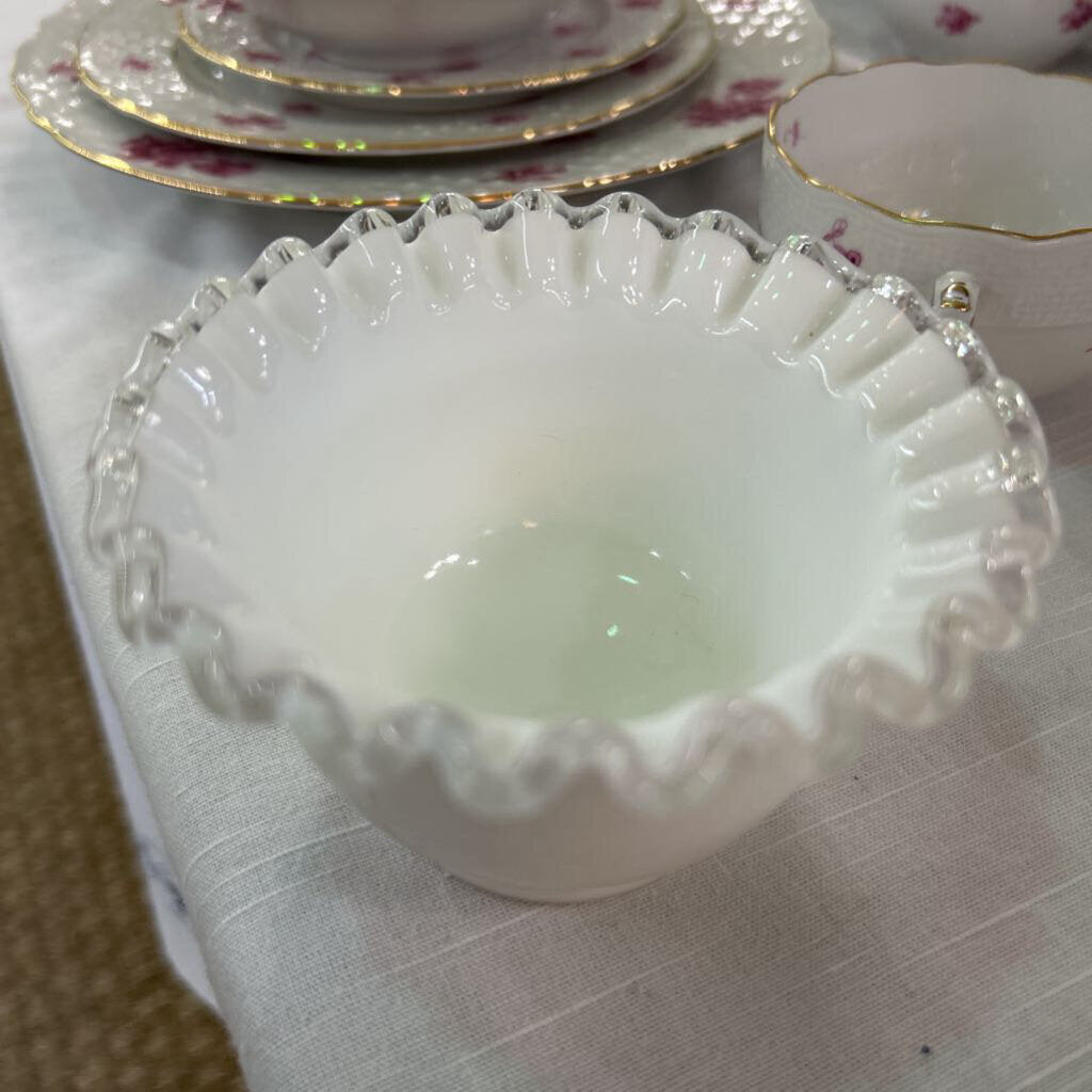 Fenton Silver Crest Milk Glass Bowl, Ruffle Edge, Dessert Bowl.