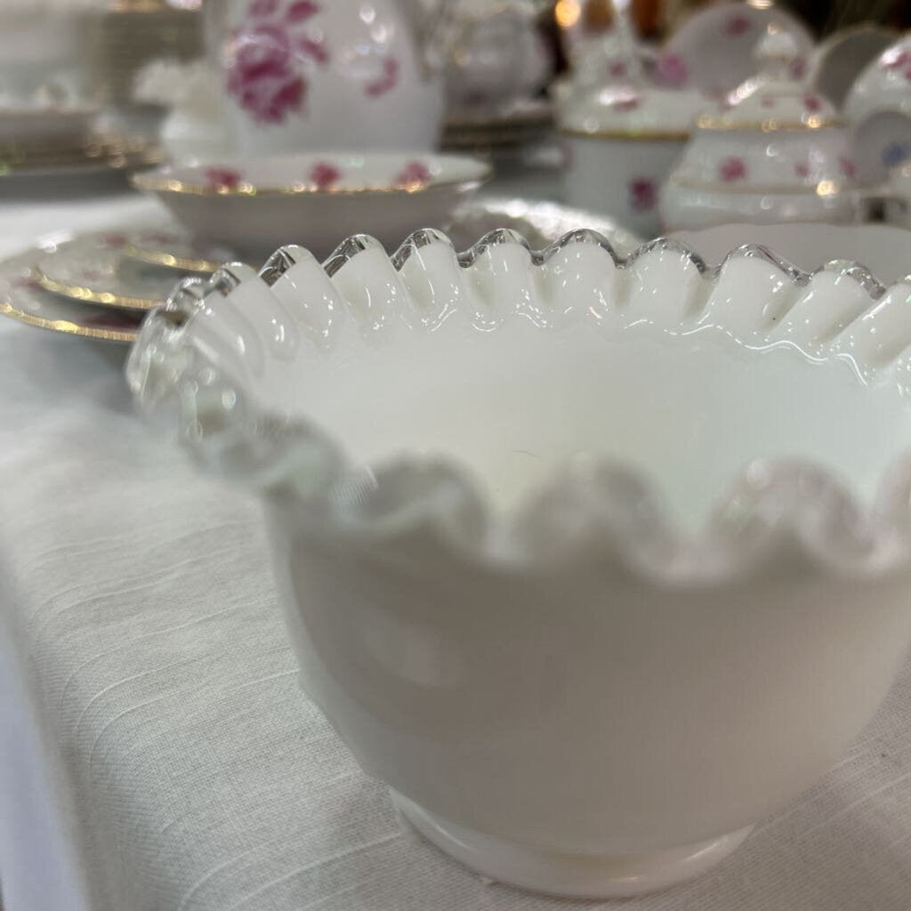 Fenton Silver Crest Milk Glass Bowl, Ruffle Edge, Dessert Bowl.
