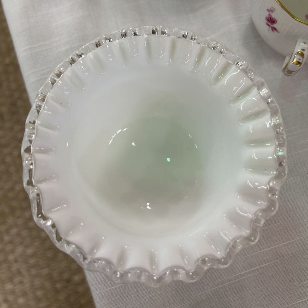 Fenton Silver Crest Milk Glass Bowl, Ruffle Edge, Dessert Bowl.