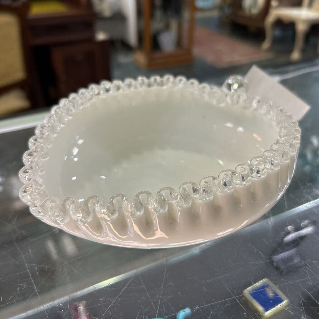 Fenton Heart Shaped Crest Ribbon Milk Glass Candy Dish.