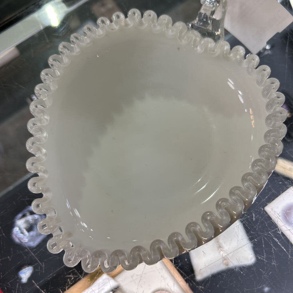 Fenton Heart Shaped Crest Ribbon Milk Glass Candy Dish.
