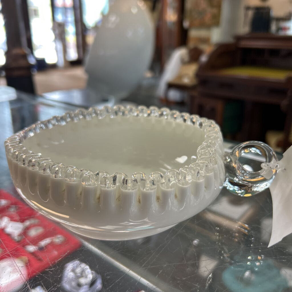 Fenton Heart Shaped Crest Ribbon Milk Glass Candy Dish.