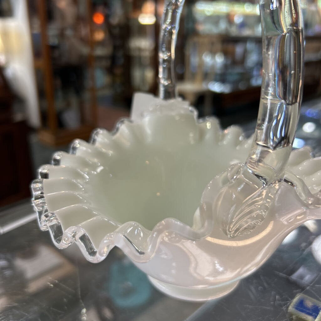 Fenton Silver Crest Ruffle Basket, White Milk Glass 7''