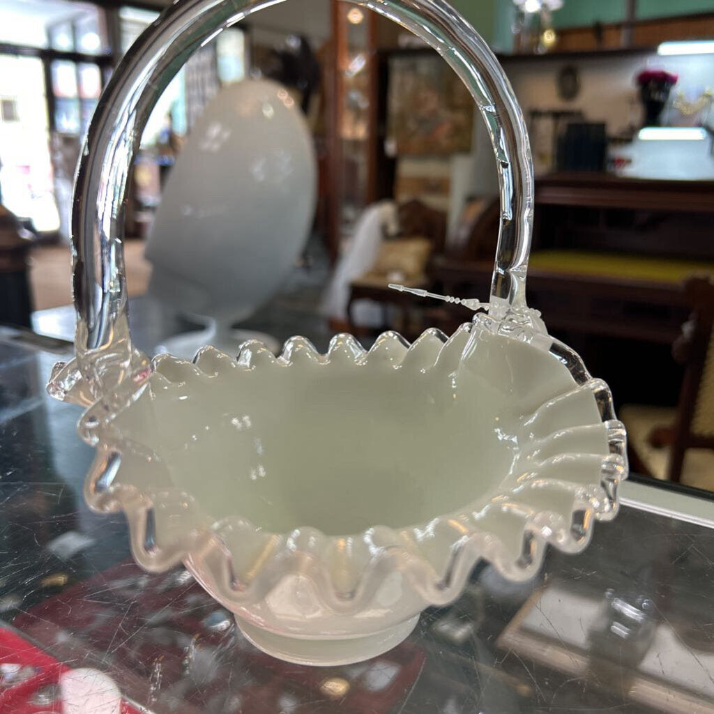 Fenton Silver Crest Ruffle Basket, White Milk Glass 7''
