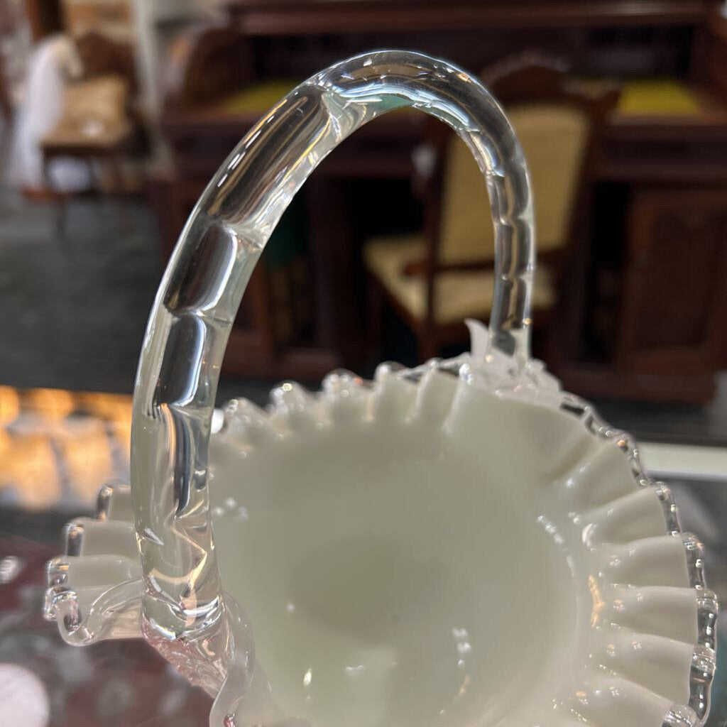 Fenton Silver Crest Ruffle Basket, White Milk Glass 7''