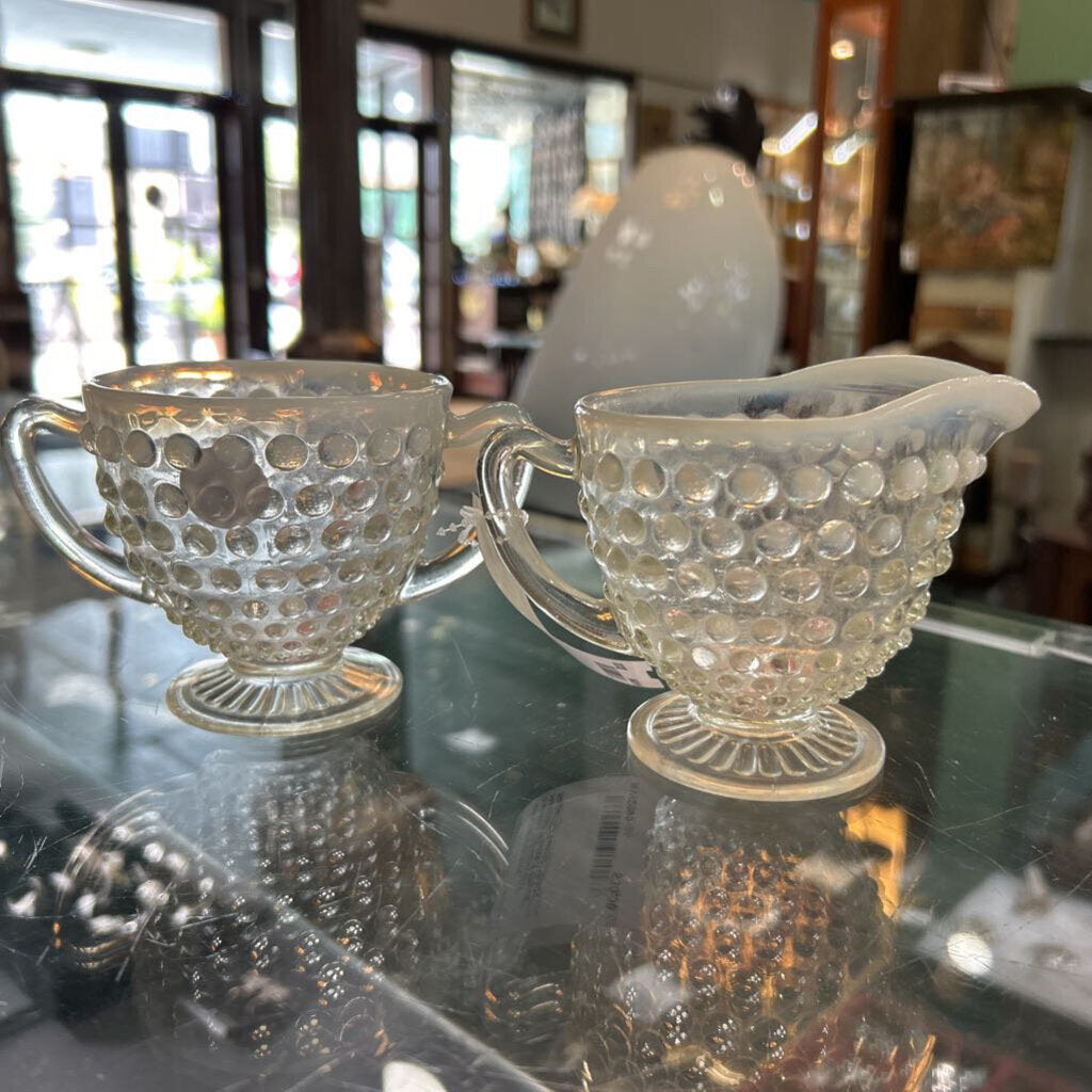 Fenton Opalescent Hobnail Footed Glass Sugar/Creamer 1940s