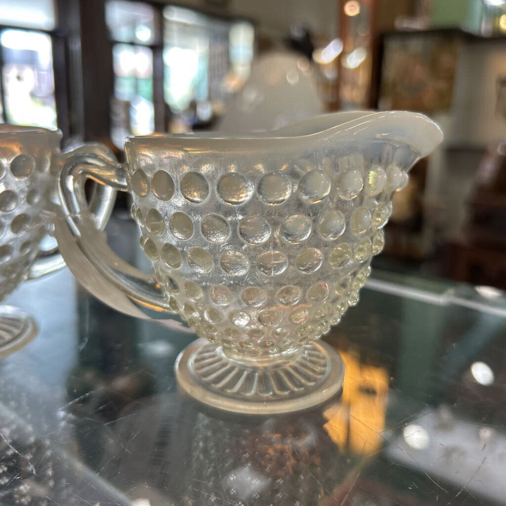 Fenton Opalescent Hobnail Footed Glass Sugar/Creamer 1940s