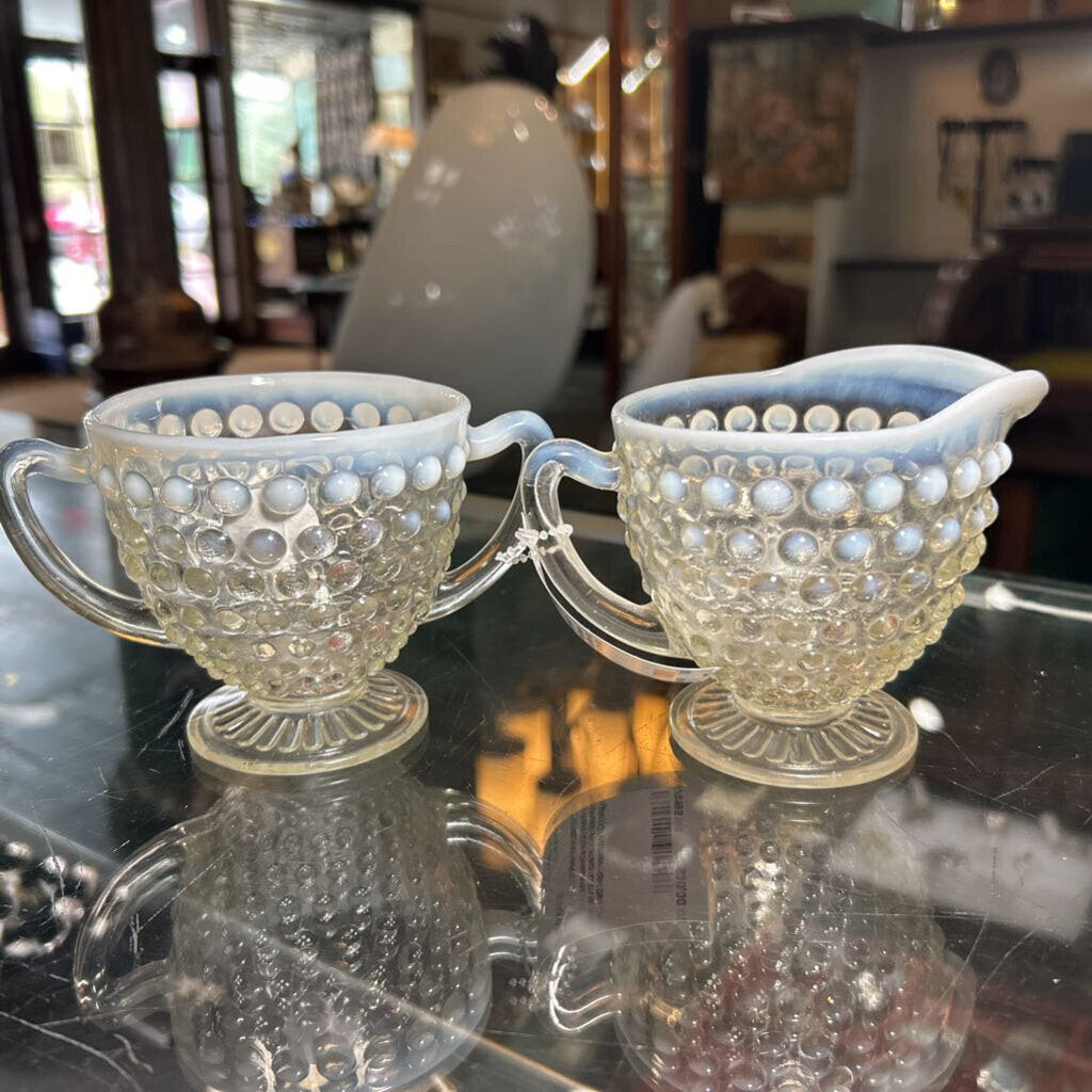Fenton Opalescent Hobnail Footed Glass Sugar/Creamer 1940s