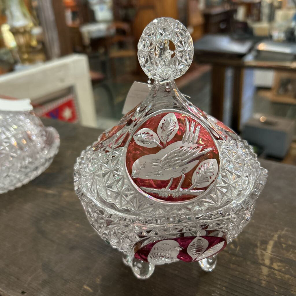 Hofbauer Byrdes Lidded Crystal Candy Dish, 3 Footed Round Globe with Red/Birds-Made in Germany
