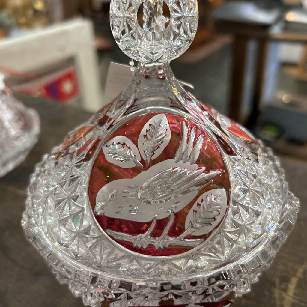 Hofbauer Byrdes Lidded Crystal Candy Dish, 3 Footed Round Globe with Red/Birds-Made in Germany
