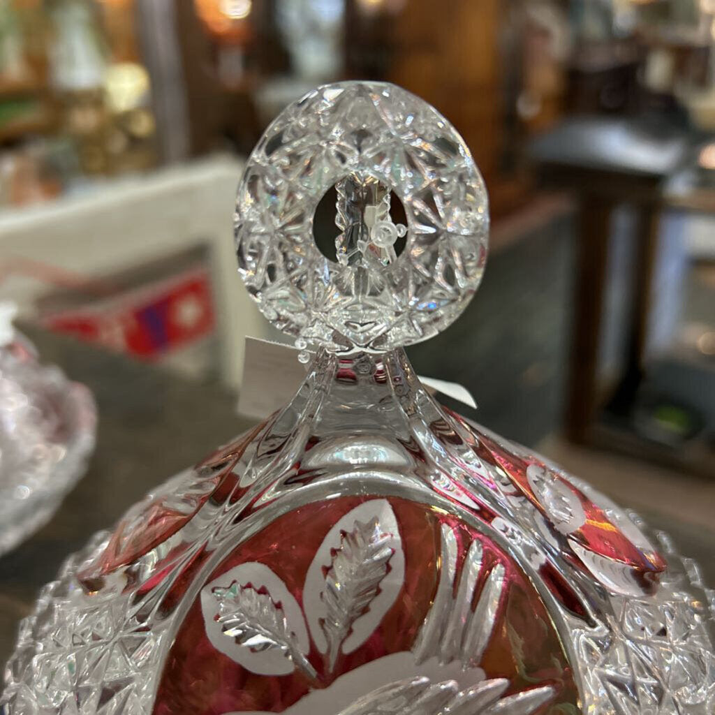 Hofbauer Byrdes Lidded Crystal Candy Dish, 3 Footed Round Globe with Red/Birds-Made in Germany