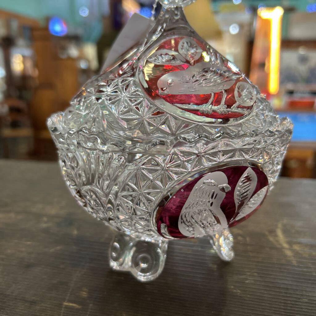 Hofbauer Byrdes Lidded Crystal Candy Dish, 3 Footed Round Globe with Red/Birds-Made in Germany