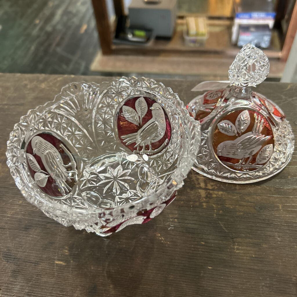Hofbauer Byrdes Lidded Crystal Candy Dish, 3 Footed Round Globe with Red/Birds-Made in Germany