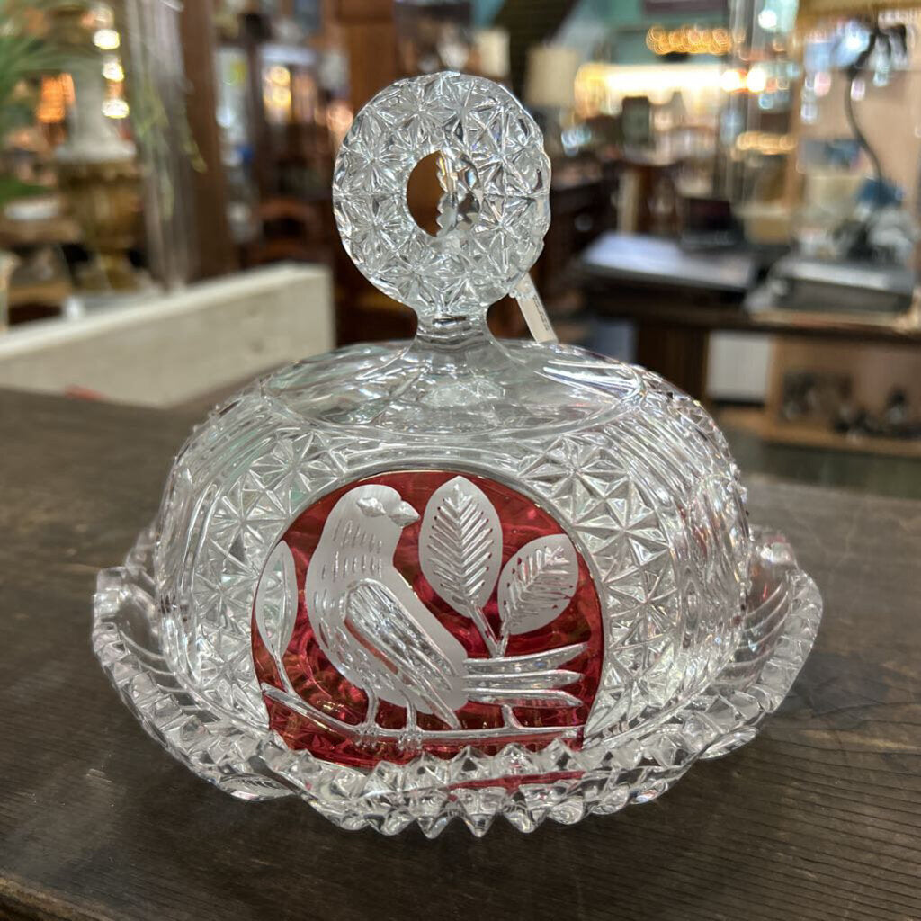 Hofbauer Byrdes Lidded Crystal Butter/Cheese Dish Red/Birds-Made in Germany