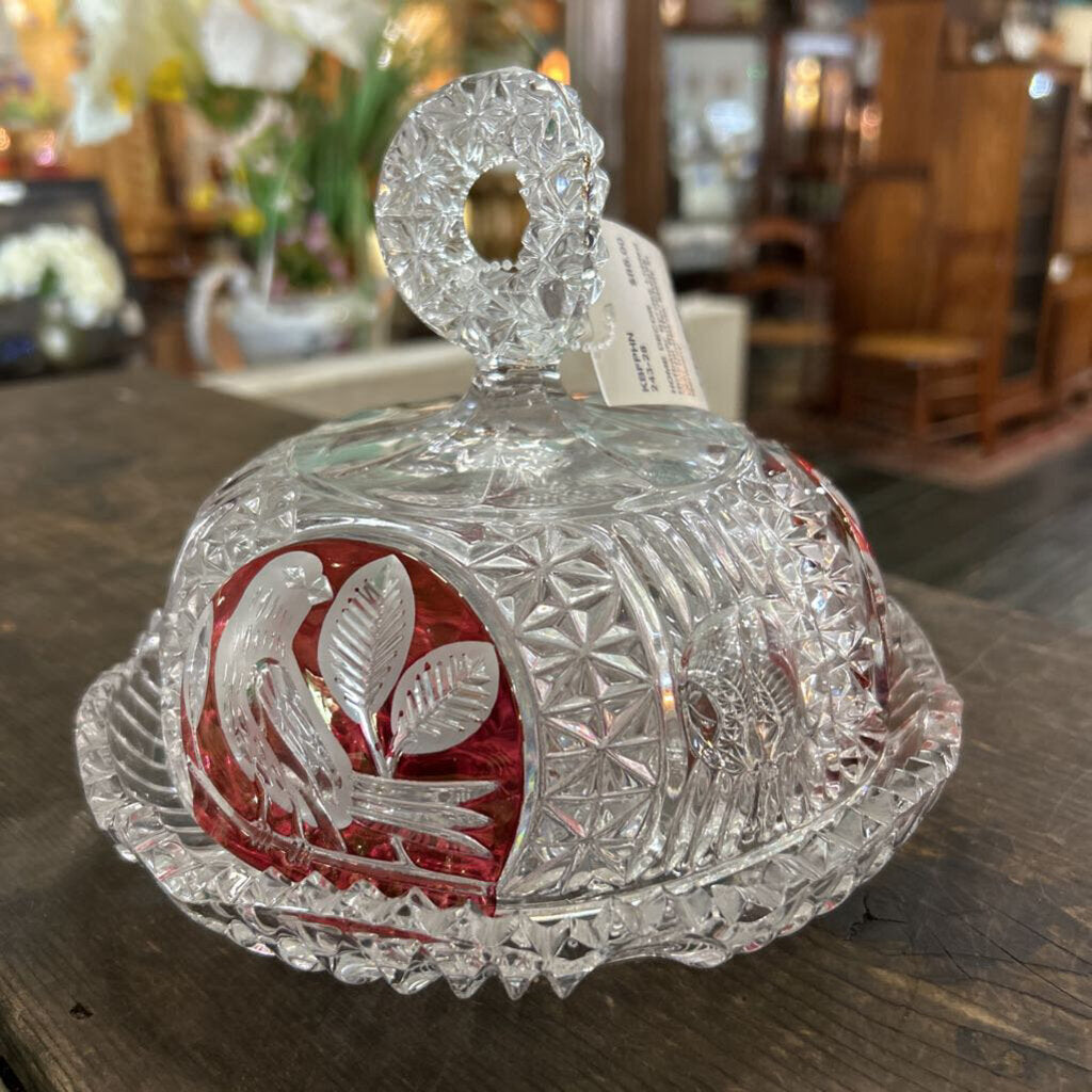 Hofbauer Byrdes Lidded Crystal Butter/Cheese Dish Red/Birds-Made in Germany