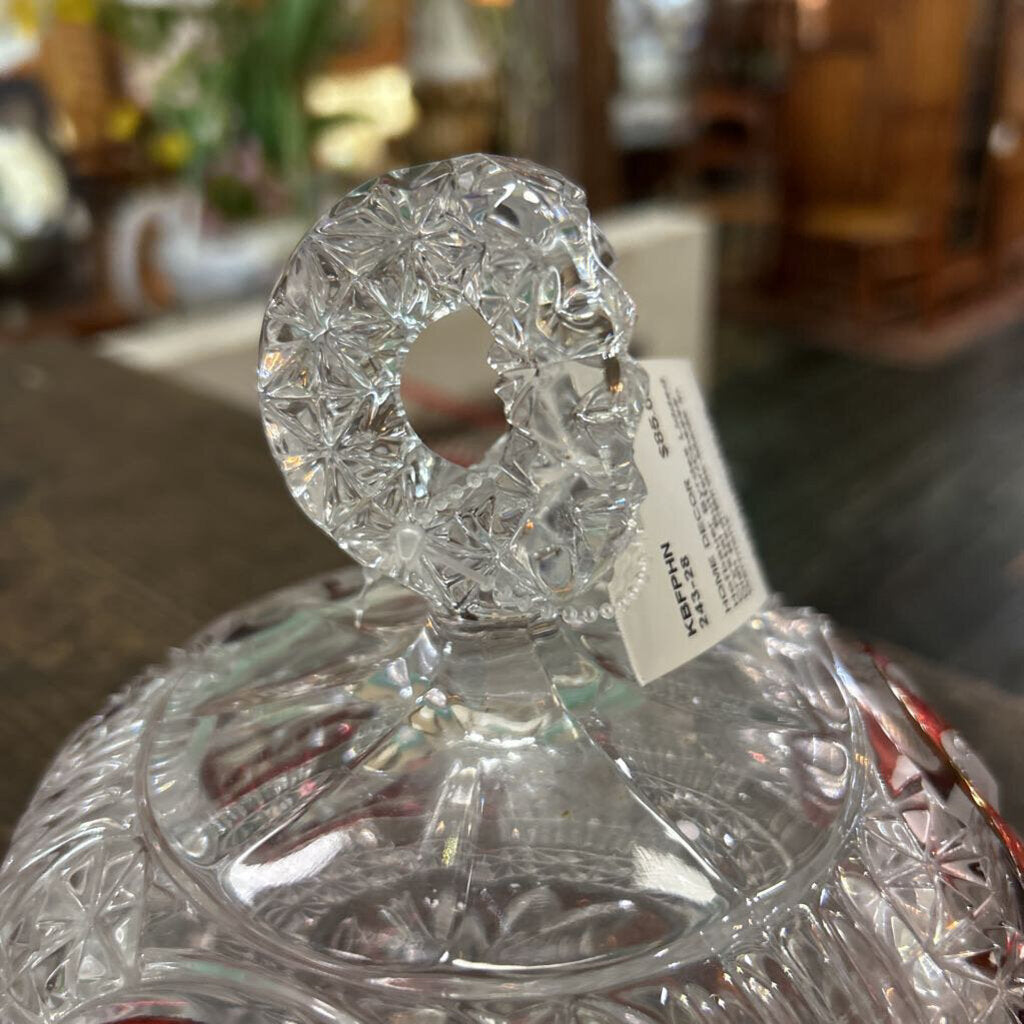 Hofbauer Byrdes Lidded Crystal Butter/Cheese Dish Red/Birds-Made in Germany