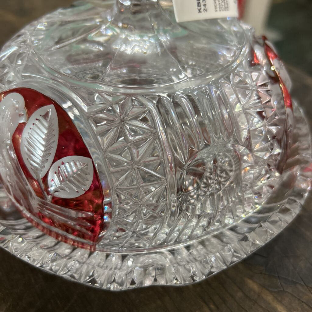 Hofbauer Byrdes Lidded Crystal Butter/Cheese Dish Red/Birds-Made in Germany