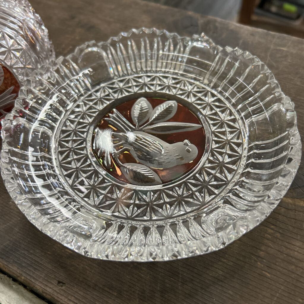 Hofbauer Byrdes Lidded Crystal Butter/Cheese Dish Red/Birds-Made in Germany