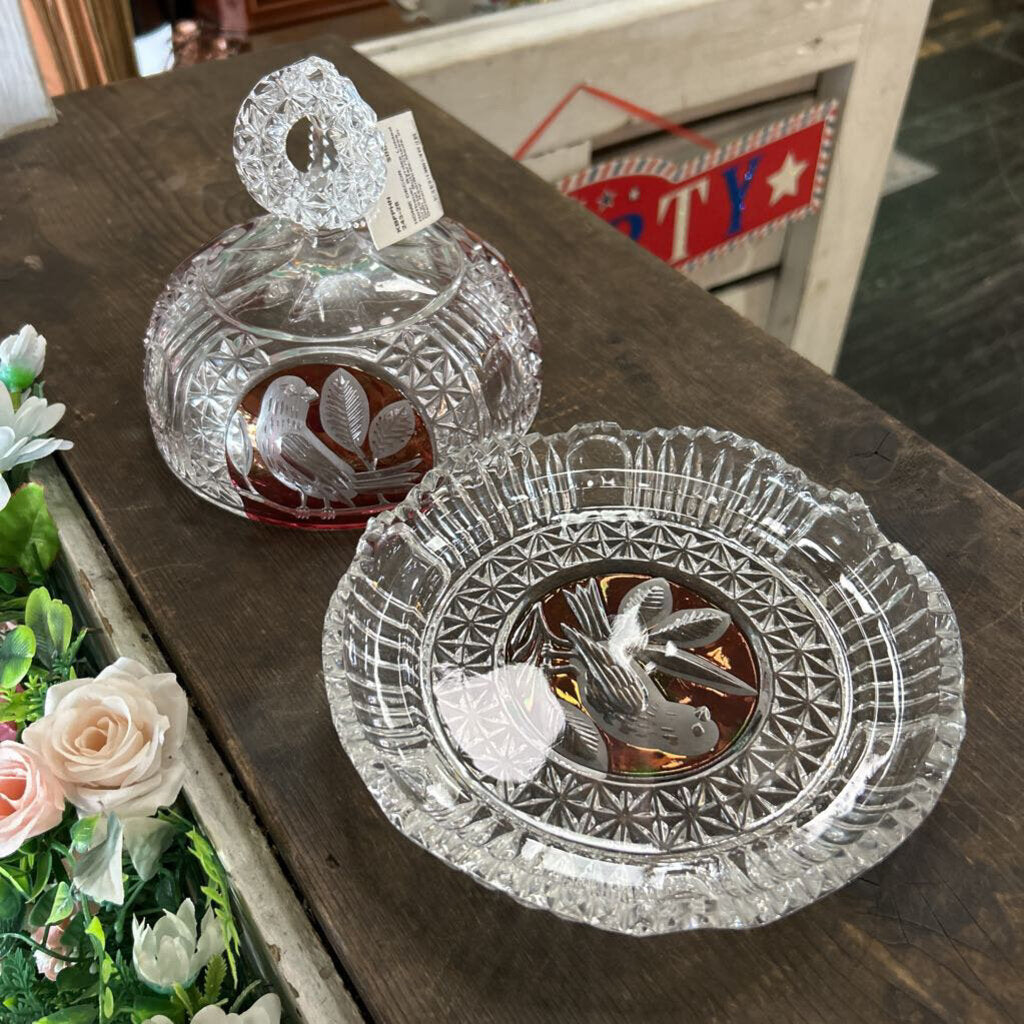 Hofbauer Byrdes Lidded Crystal Butter/Cheese Dish Red/Birds-Made in Germany