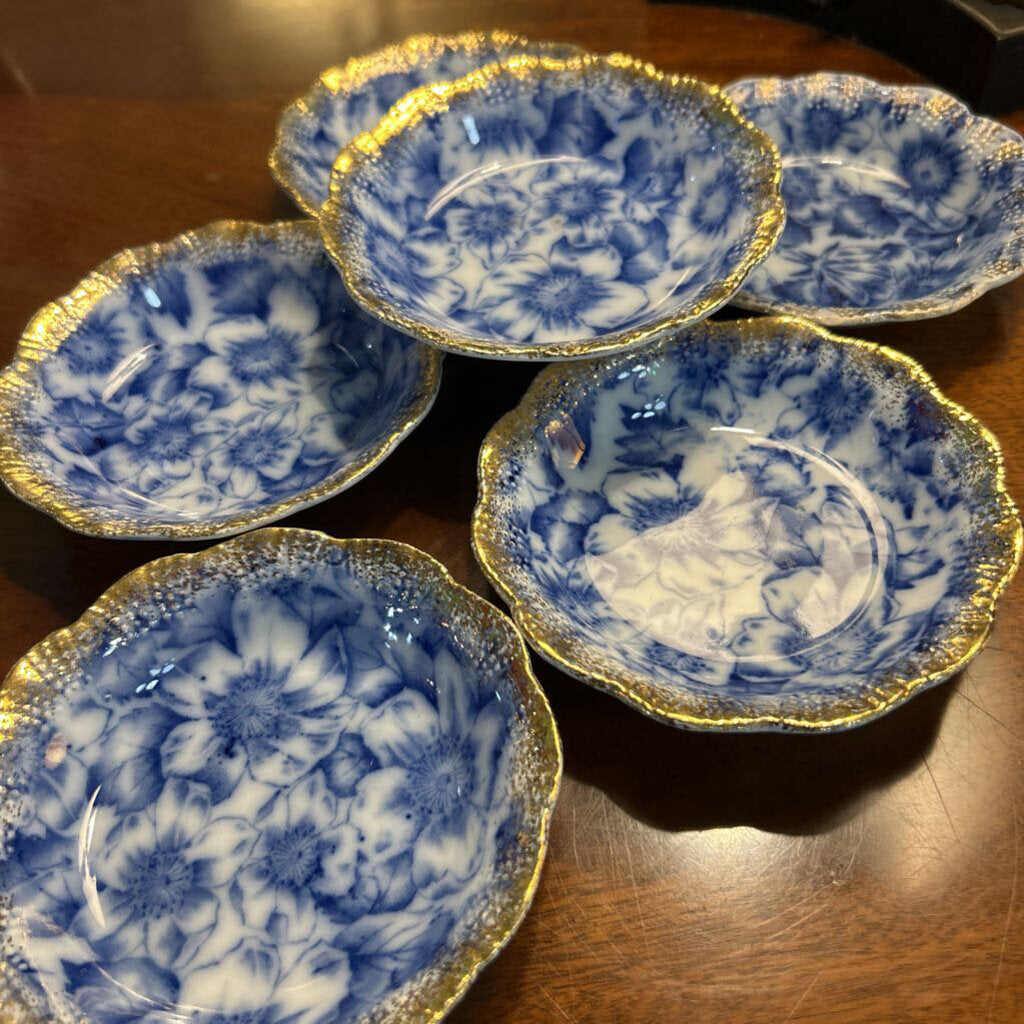 Antique Warwick China Co, Blue Floral Pansy pattern, with a scalloped, gold-gilt rim-Berry Bowl set 6. (1893-1910)