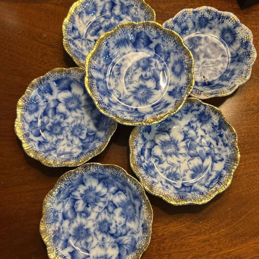 Antique Warwick China Co, Blue Floral Pansy pattern, with a scalloped, gold-gilt rim-Berry Bowl set 6. (1893-1910)