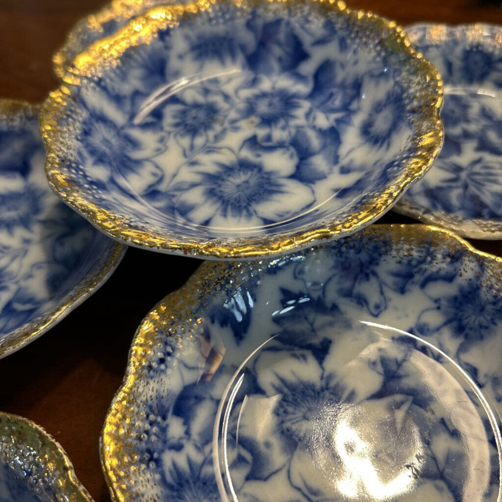 Antique Warwick China Co, Blue Floral Pansy pattern, with a scalloped, gold-gilt rim-Berry Bowl set 6. (1893-1910)